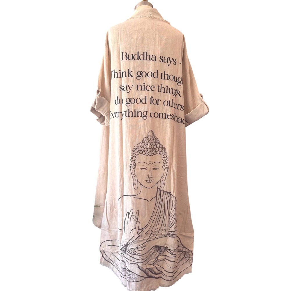 I Love Linen Buddha Graphic Duster Jacket Beige One Size NWT Bohemian Whimsigoth